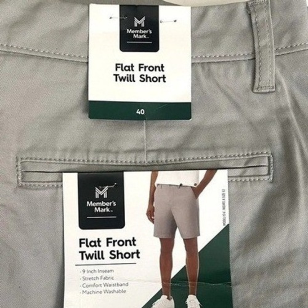 Flat Front Twill Chino Shorts Mens 40 Gray 9 Inch Inseam Members Mark New